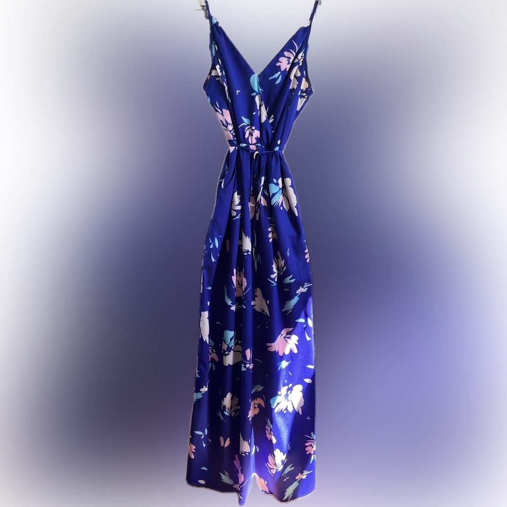 Summer Spaghetti Strap Floral Blue Dress with Pockets